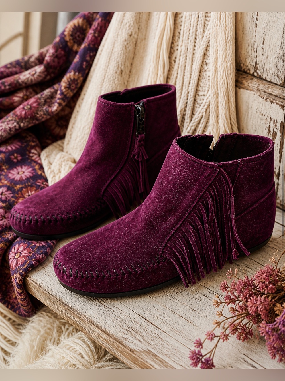Minnetonka Berry Purple Suede Fringe Ankle Boots Moc Toe Booties Women’s 6